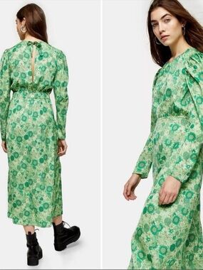 Topshop Green Floral Long-Sleeve Midi Dress